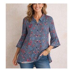 French Laundry Button Down Tunic 3X Floral Bell Sleeve Cottage Country Artsy